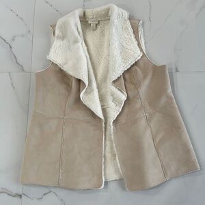 Chico's Womens Vest Jacket 3/Large Shearling Sherpa Faux Suede Open Front Vegan